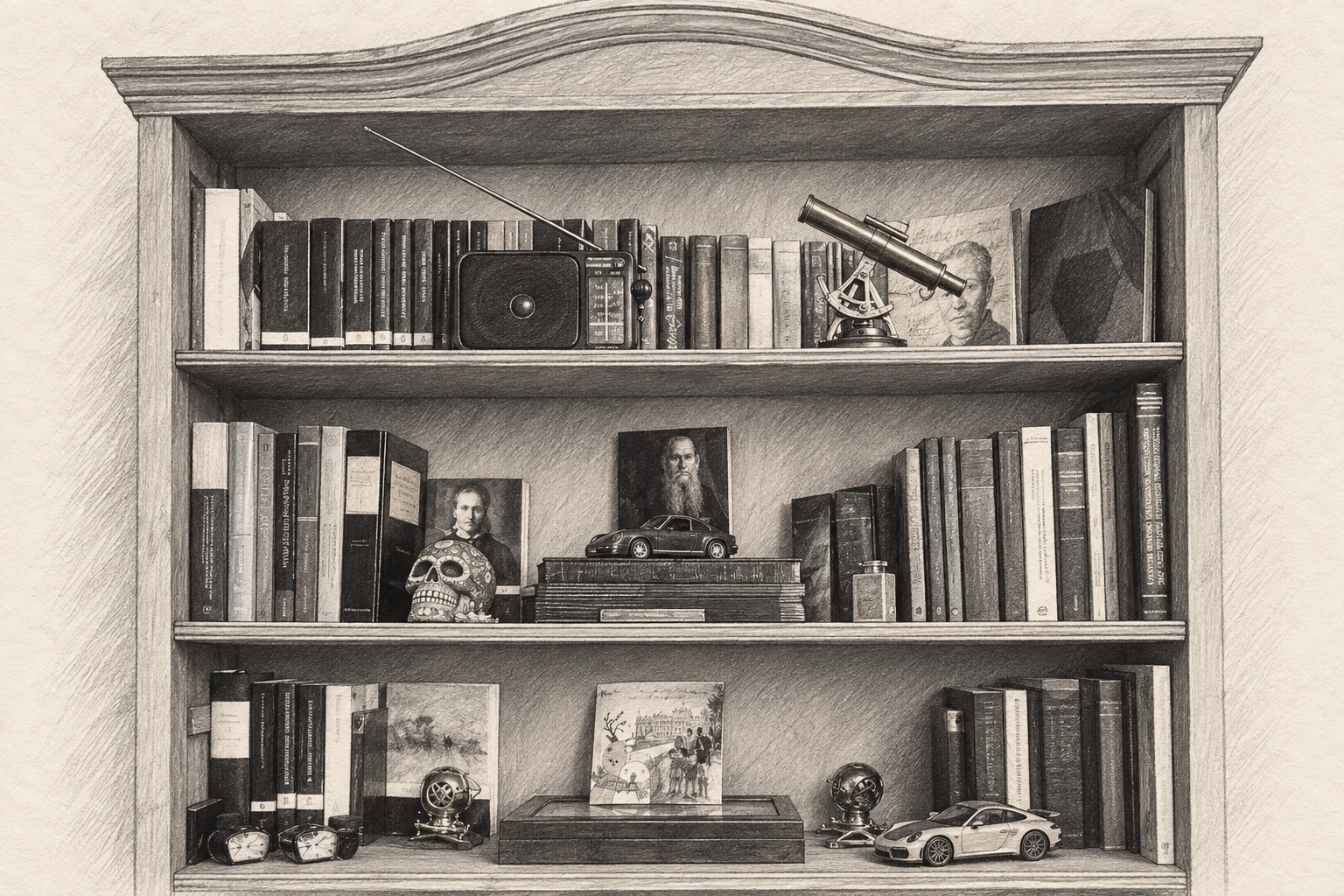 Graphite drawing of the bookcase and collected volumes in Malek Takieddine’s personal library