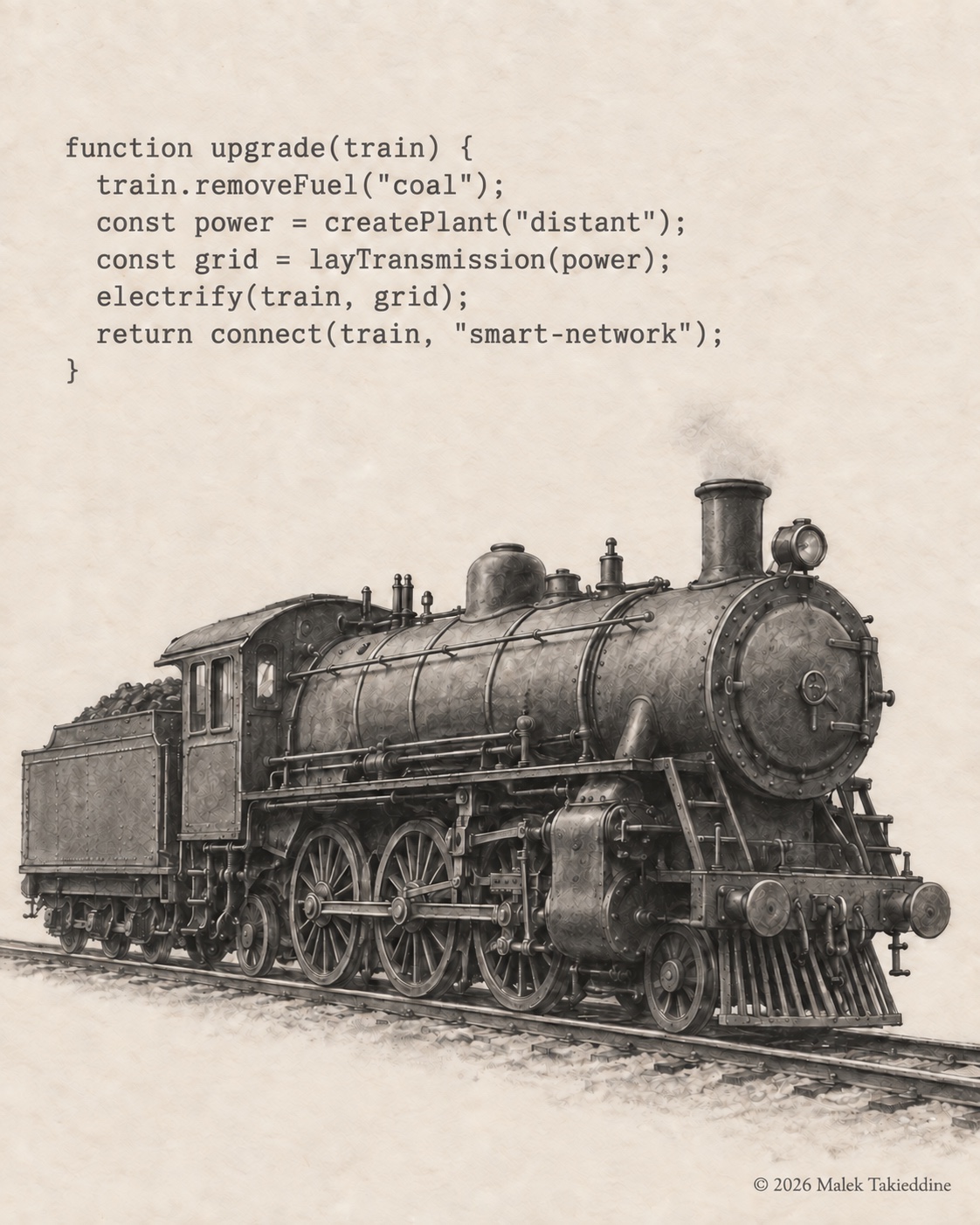 Graphite pencil sketch of a steam locomotive beneath a code-like instruction for its imagined electrification