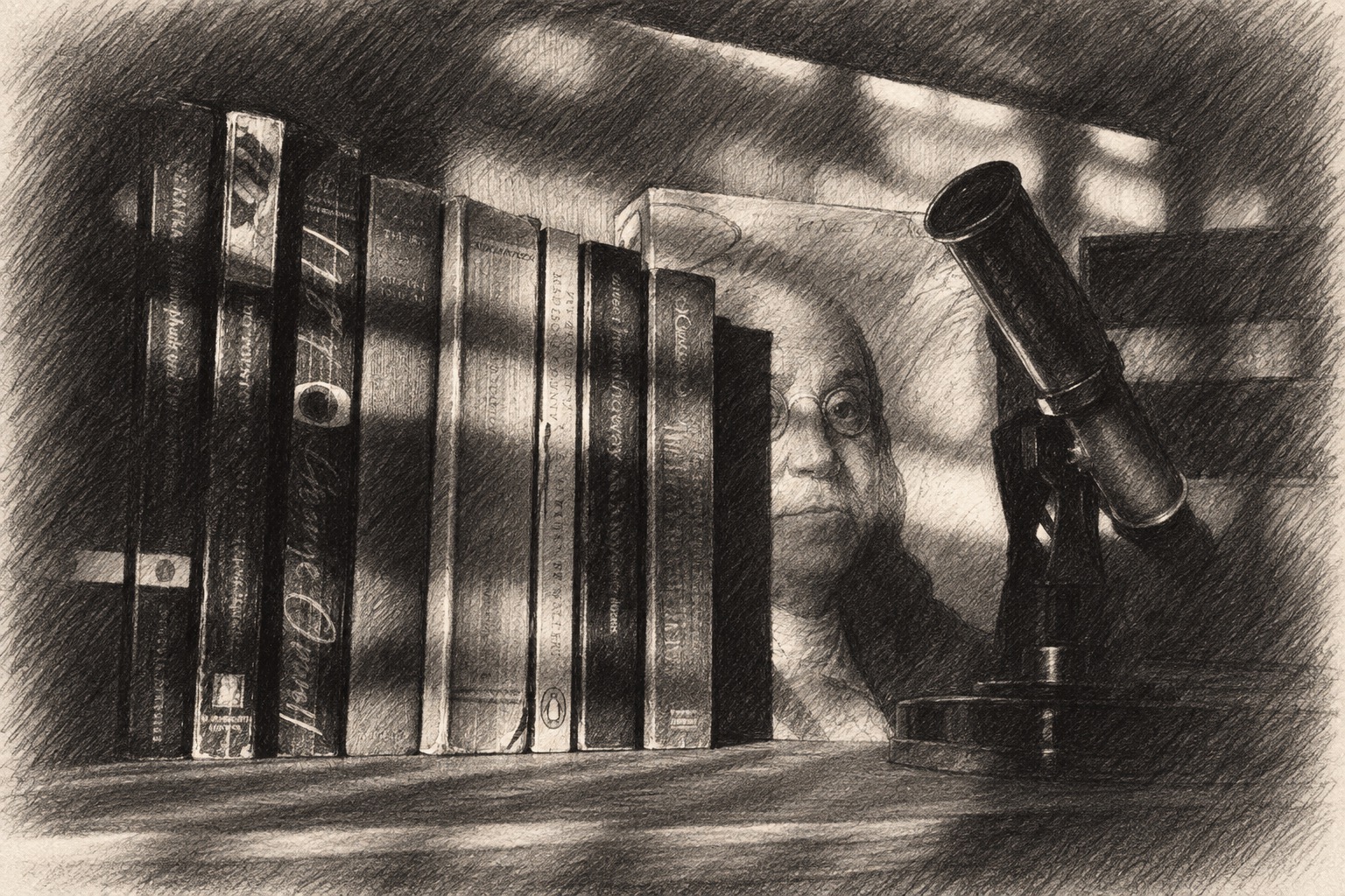 Graphite drawing of books and a brass telescope in Malek Takieddine’s personal library